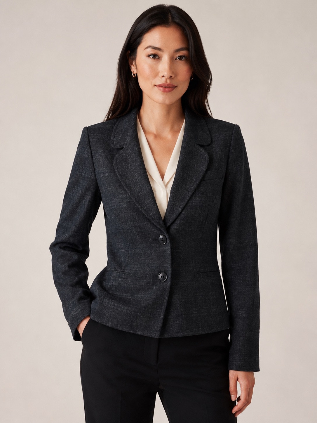 Banana Republic Charcoal Plaid Cropped Blazer Jacket Career Chic Size 6
